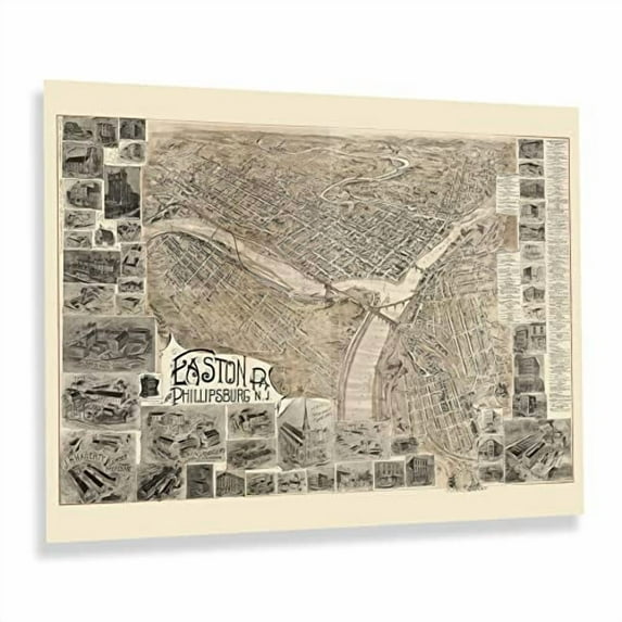 HISTORIX Vintage 1900 Easton Pennsylvania & Phillipsburg New Jersey Map Print - 18x24 Inch Bird's Eye View of Easton PA & Phillipsburg NJ Map Poster