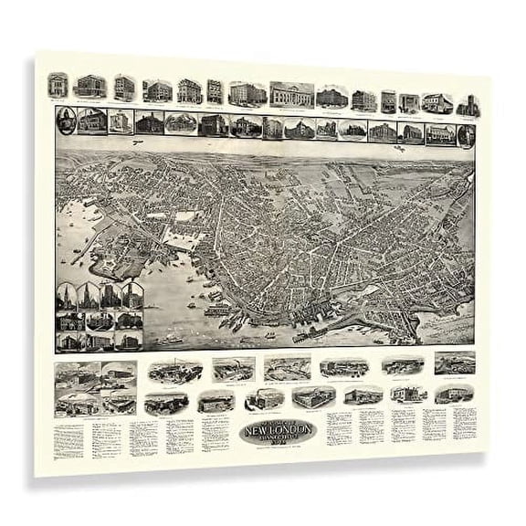 HISTORIX Vintage 1911 New London Connecticut Map Print - 24x30 Inch Old View of New London Connecticut Map Wall Art - Historic Connecticut Map Art