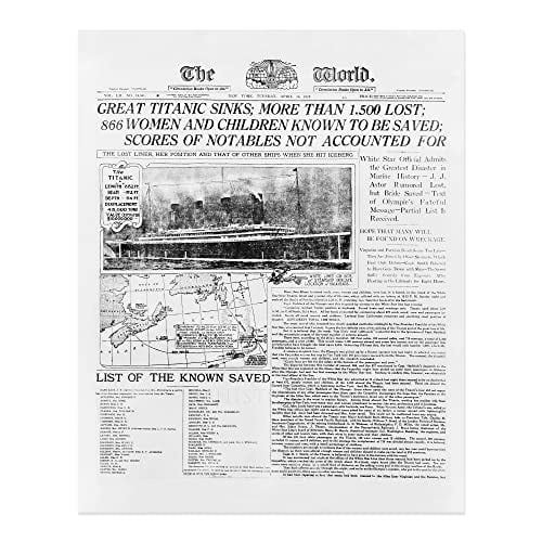 HISTORIX Vintage 1958 Photograph of The World Newspaper Headlining The Sinking of The Titanic - 24x30 Inch Titanic on Vintage Newspaper Photo Print