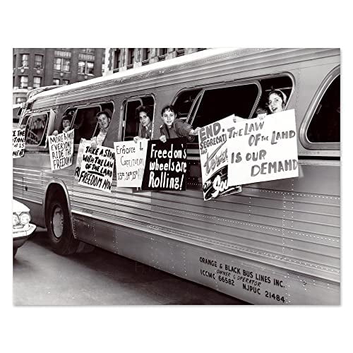 HISTORIX Vintage 1961 Freedom Ride Protest Print Photo - 11x14 Inch Freedom Riders Group Hang Sign on Side of Bus Windows Vintage Poster Photo Print