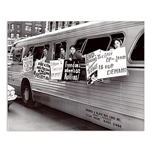 HISTORIX Vintage 1961 Freedom Ride Protest Print Photo - 16x20 Inch Freedom Riders Group Hang Sign on Side of Bus Windows Vintage Poster Photo Print