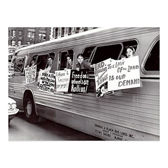 HISTORIX Vintage 1961 Freedom Ride Protest Print Photo - 18x24 Inch Freedom Riders Group Hang Sign on Side of Bus Windows Vintage Poster Photo Print