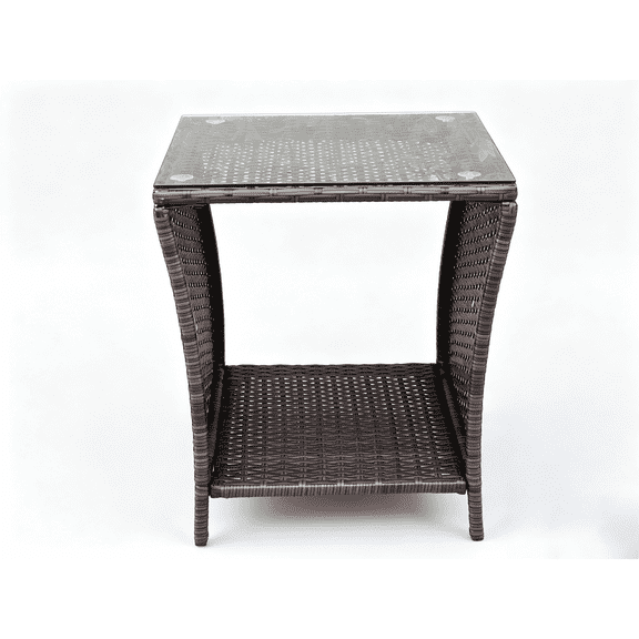 HISUKOY Outdoor Wicker Side Table with Tempered Glass Top and 2 Tier PE Rattan End Table for Balcony Porch Patio, Brown