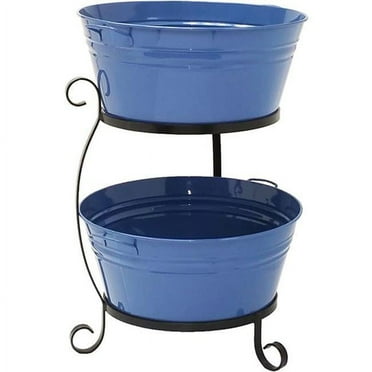 HIT 8025E B Enameled Galvanized Steel Double Beverage Tub with Iron Stand, Blue