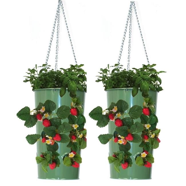 HIT 8395E AG S-2 7 x 12 in. Enameled Galvanized Steel Strawberry, Floral Hanging Planter, Apple Green - Set of 2