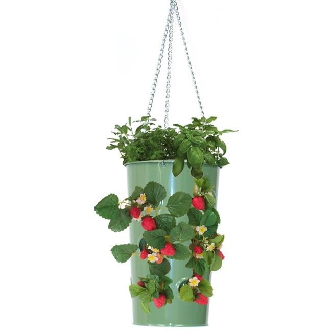 HIT 8395E SA Enameled Galvanized Steel Strawberry, Herb & Floral Hanging Planter, Sage