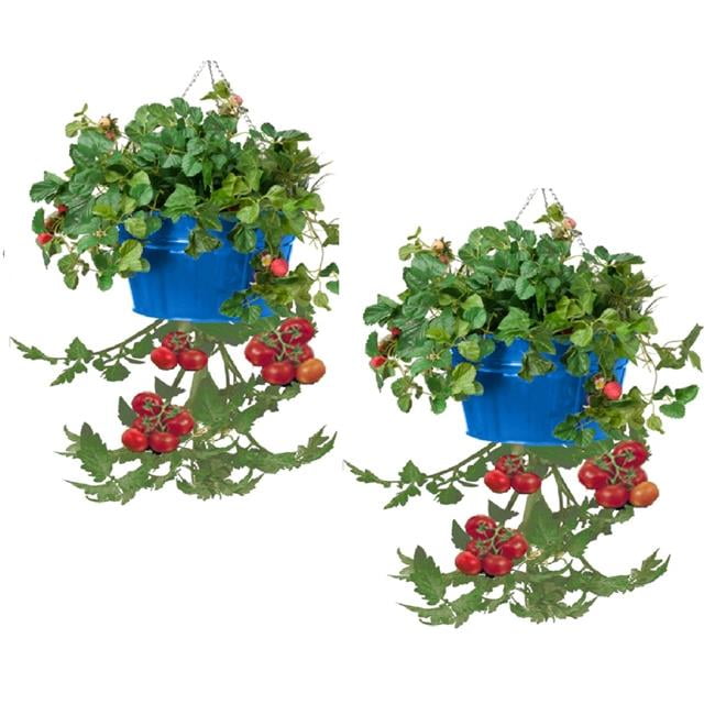 Blue Galvanized Steel Upside Down Hanging Planter Set