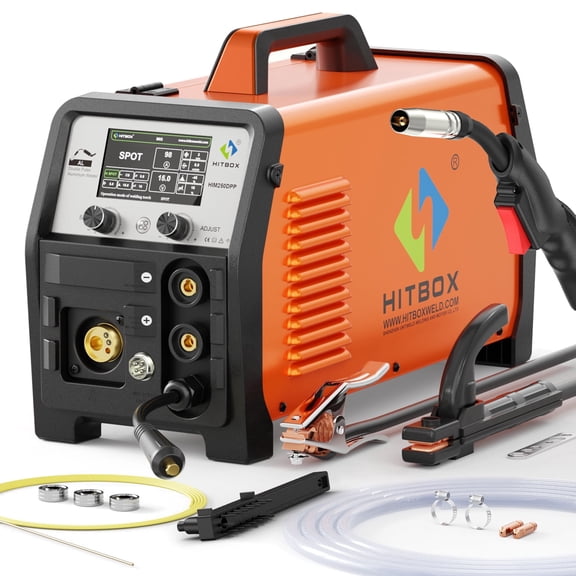 HITBOX 8-in-1 200A Dual Pulse MIG Welder, 110V/220V Aluminum Welding Machine with MIG, Flux Core, Lift TIG, Stick, Spot Welding and LED Display