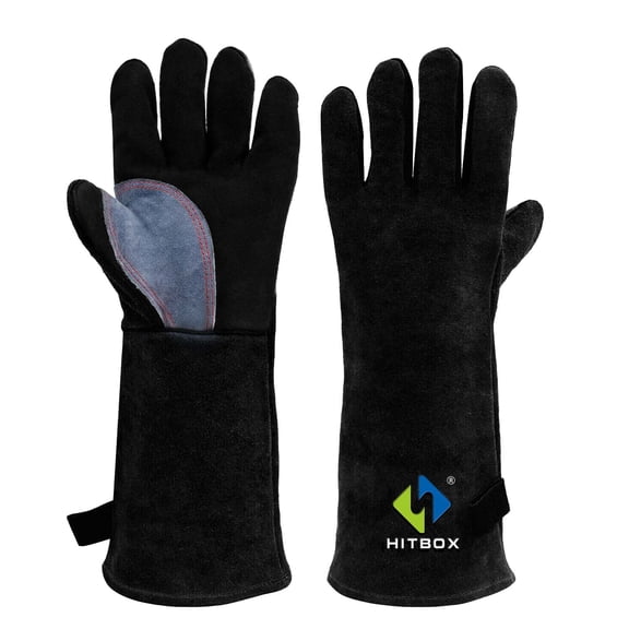 HITBOX Barbecue Gloves 14 Inch 932 F Cowhide Leather Suitable for Arc Tig Mig Welding and Oven Gloves / Heat Resistant / Anti Animal Bite Work Gloves