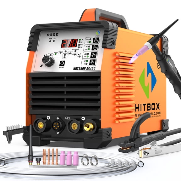 HITBOX HBT250P 200A AC/DC TIG Welder, 6-in-1 IGBT Pulse TIG/MMA Welding Machine with HF Start for Aluminum, 220V Digital Display, Foot Pedal Compatible