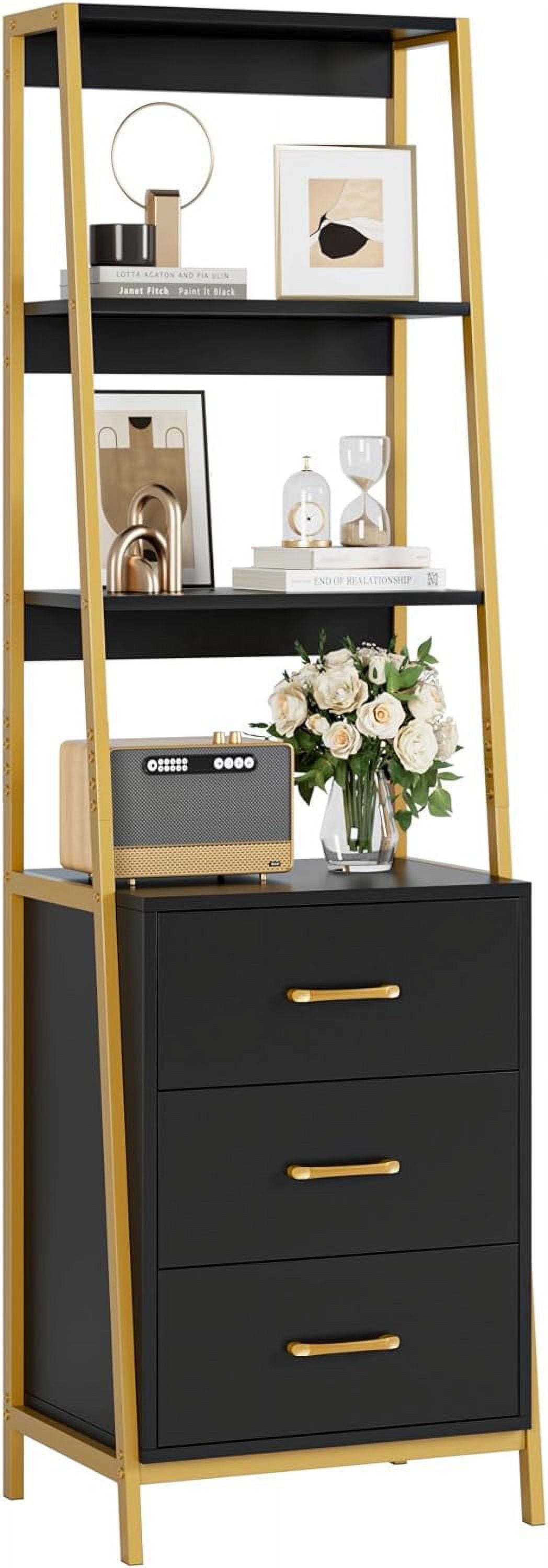 Black Gold 4-Tier Ladder Bookshelf with Wooden Drawers