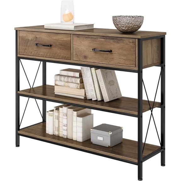 HITHOS Industrial Console Table with 2 Drawers, Narrow Long Entryway Table with 3-Tier Storage Shelves, Industrial Sofa Foyer Table for Living Room, Hallway, Entry Way, Foyer, Kitchen, Rustic Brown