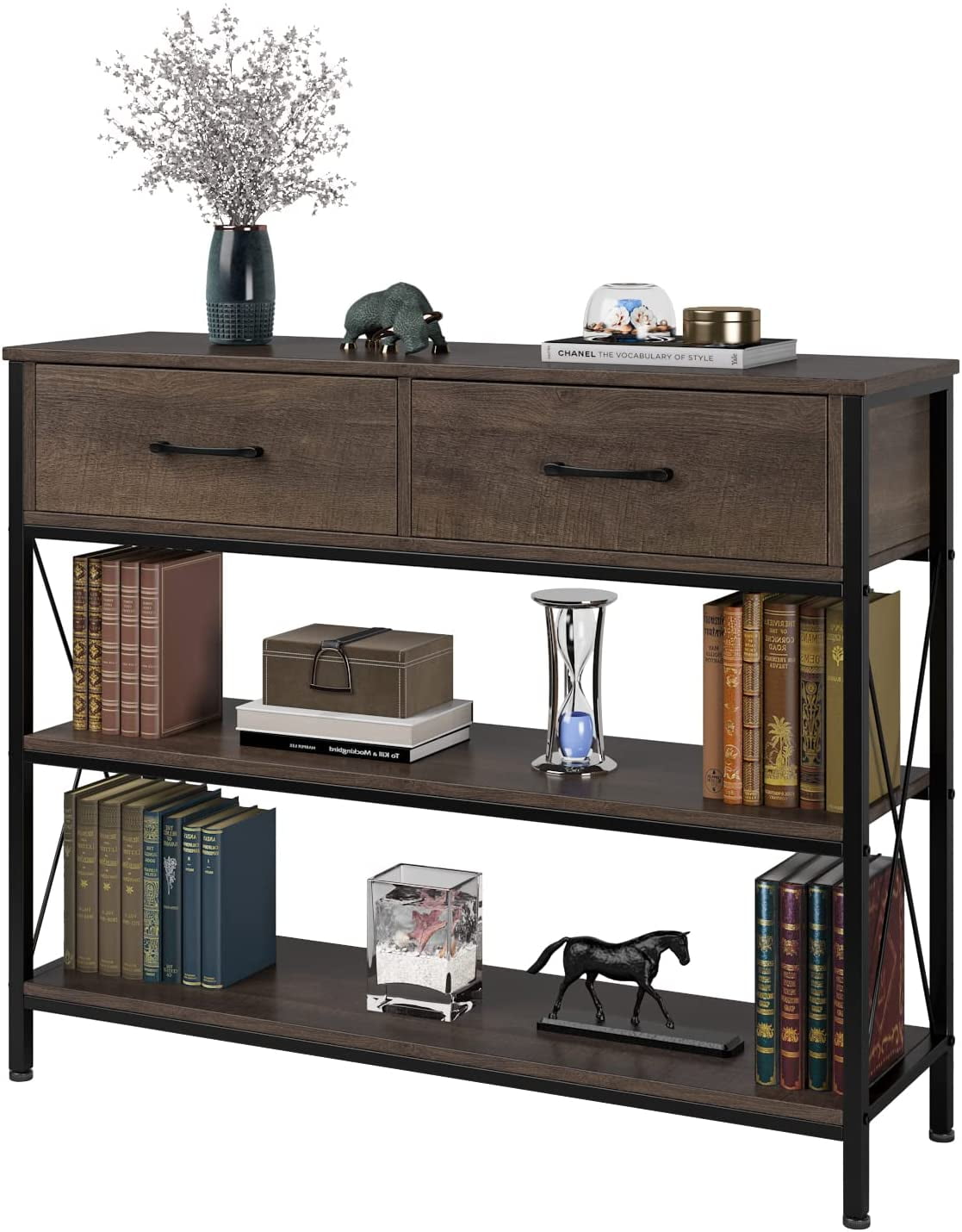 HITHOS Industrial Console Table with Drawers, Vintage Hallway Foyer Table with Storage Shelves ...