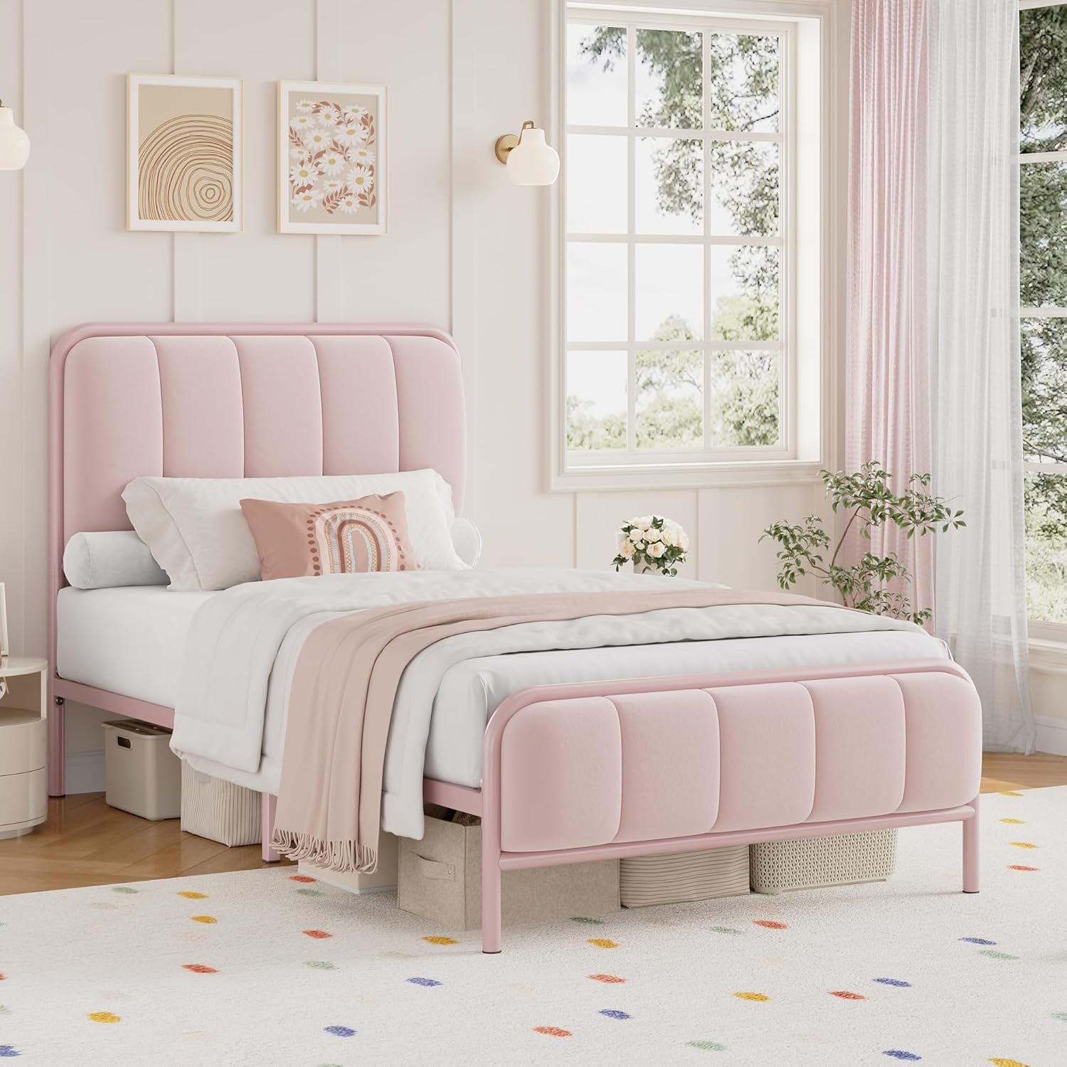 HITHOS Twin Size Bed Frame, Upholstered Pink Bed Frame with Button — free download