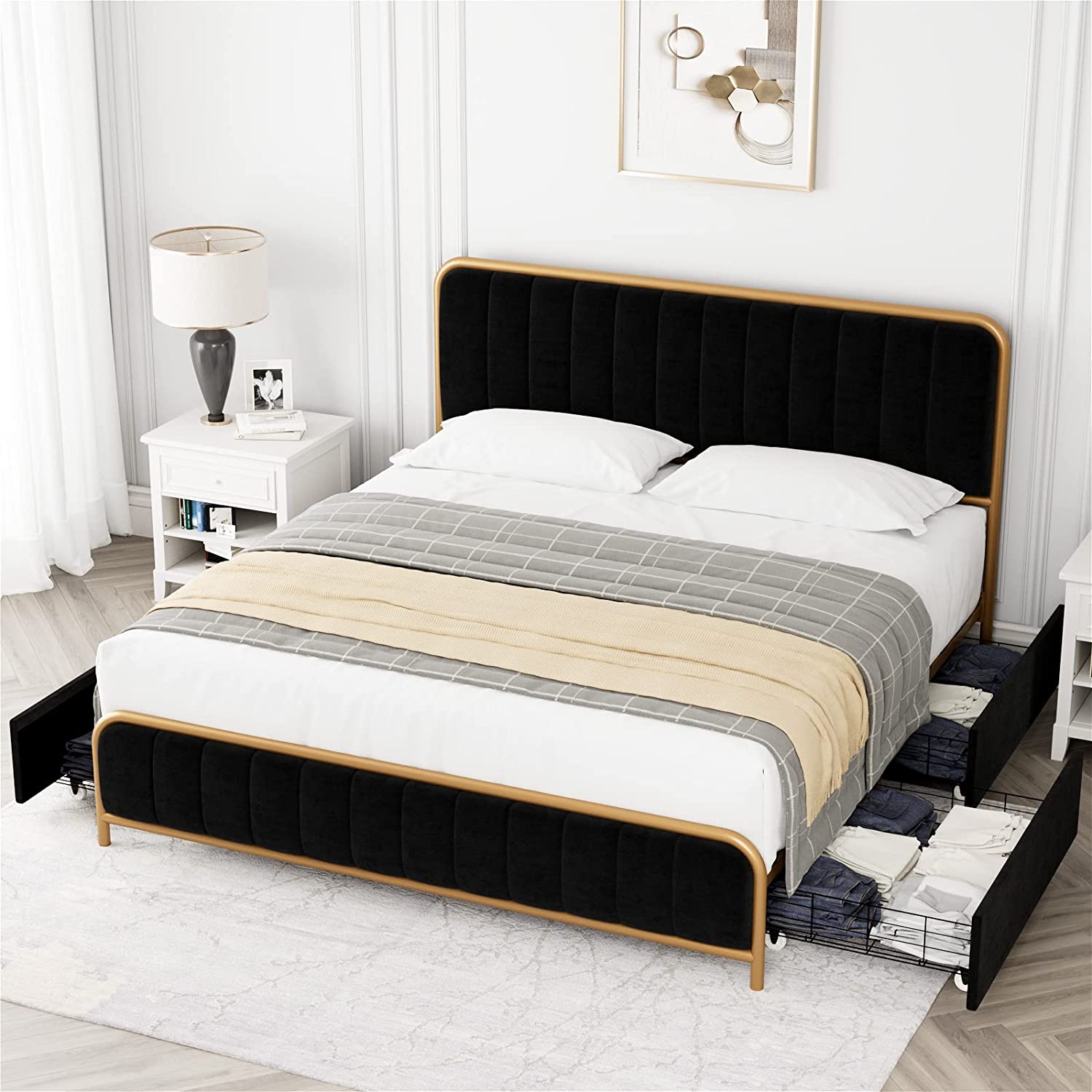 HITHOS Upholstered Full Size Bed Frame with 4 Storage Drawers and ...
