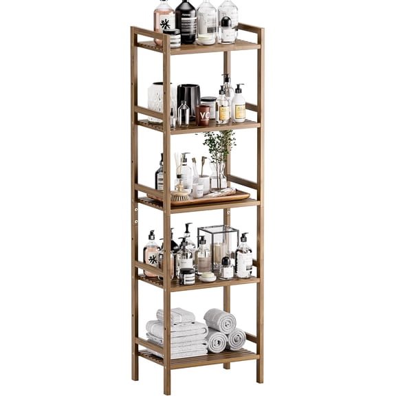 HITNET Bamboo Book Shelf, Tall Narrow Bookcase, Bathroom Shelving Unit 5 Tier Floor Standing Adjustable Bookshelf for Small Spaces, Walnut