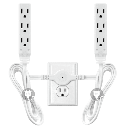 HITRENDS 12-foot Twin Extension Cord with 6 Outlet - 6 ft Each Side, Flat Wall, Indoor Power Strip (White)