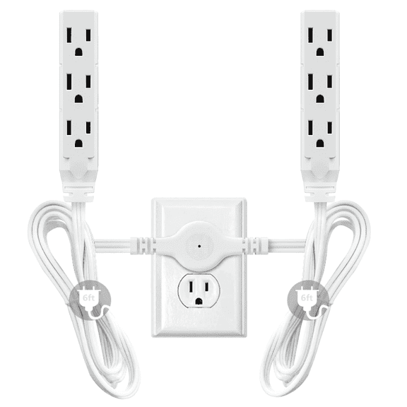 HITRENDS 12-foot Twin Extension Cord with 6 Outlet - 6 ft Each Side, Flat Wall, Indoor Power Strip (White)