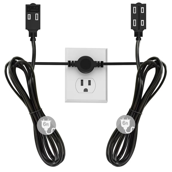 HITRENDS 12ft Power Strip Extension Cord, Twin 6ft Sides, 6 Outlet, Flat Wall, 2-Prong