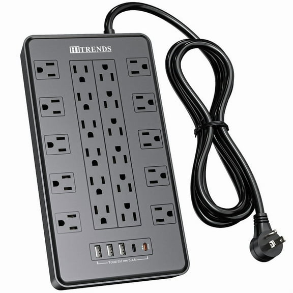 HITRENDS Power Bar, Flat Plug, 22 Outlets and 6 USB Ports, 2700 J, 6ft Extension Cord