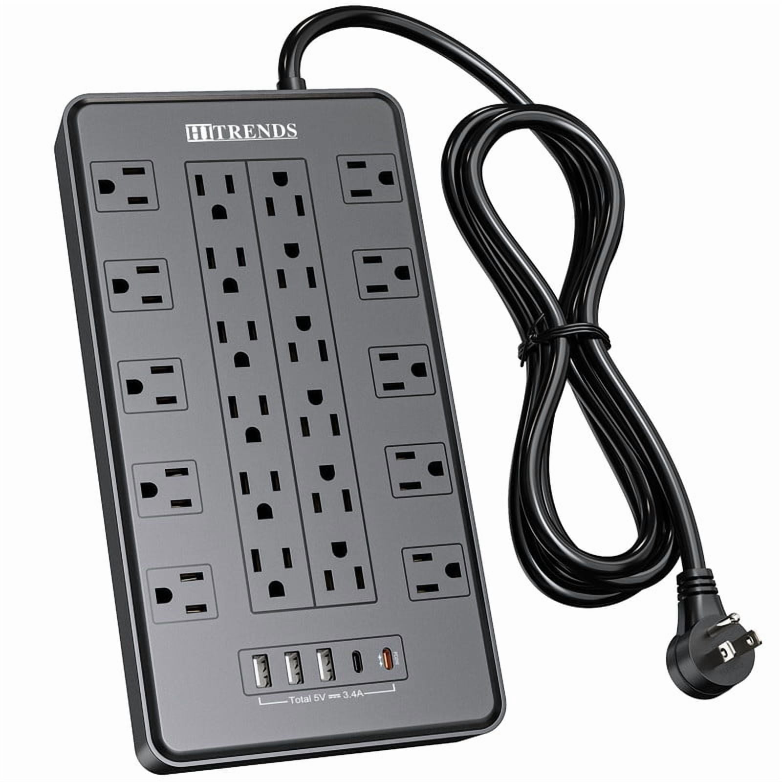 HITRENDS Power Bar, Flat Plug, 22 Outlets and 5 USB Ports, 2700 J, 6ft Extension Cord
