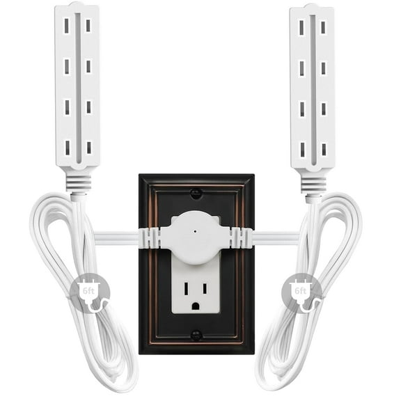 HITRENDS Socket Wall Outlet Cord 12ft - 6ft with 3 Outlet Each Side, Twin Extension Cord, White