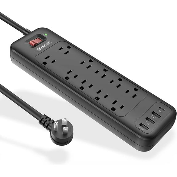HITRENDS Surge Protector Power Strip - 12 AC Outlet 6ft Extension Cord, 5 USB Ports for Home Office, Black