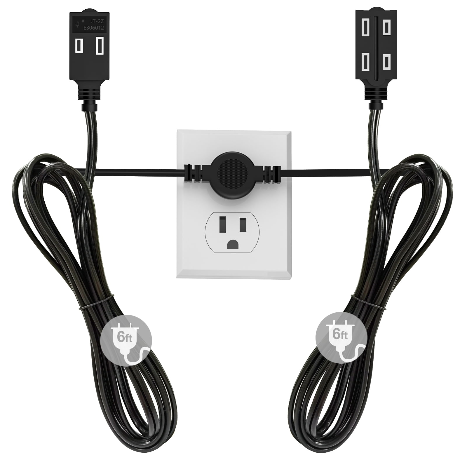 HITRENDS 12ft Twin Extension Cord Power Strip - 6ft Each Side, Flat Wall, 6 Outlet 2-Prong Extension Cord