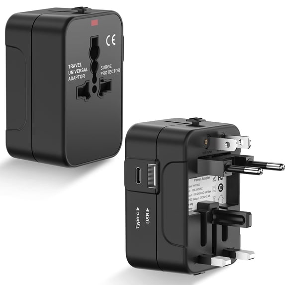 HITRENDS Universal Travel Adapter with USB‑C, All‑in‑One Power Converter for USA, EU, UK, Australia, Thailand (Type A/C/G/I), White