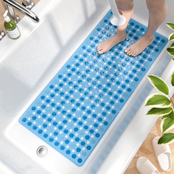 HITSLAM Bath Tub Shower Mat,35"x16" Washable Bathtub Mats,Suction Cups and Drain Holes to Keep Tubs Clean,Clear Blue