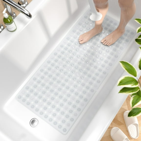 HITSLAM Bath Tub Shower Mat,35"x16" Washable Bathtub Mats,Suction Cups and Drain Holes to Keep Tubs Clean,Clear