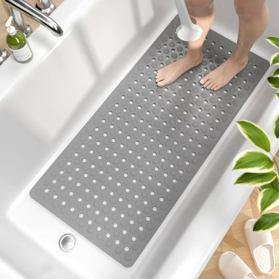 HITSLAM Bath Tub Shower Mat,35"x16" Washable Bathtub Mats,Suction Cups and Drain Holes to Keep Tubs Clean,Gray