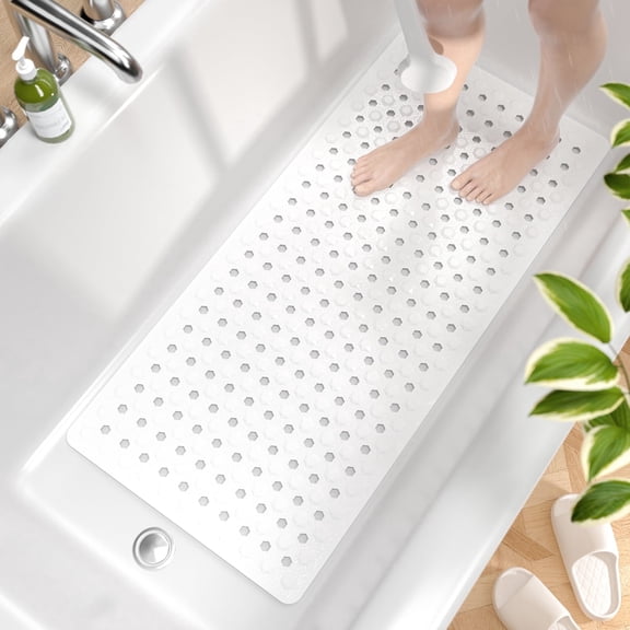 HITSLAM Bath Tub Shower Mat,35"x16" Washable Bathtub Mats,Suction Cups and Drain Holes to Keep Tubs Clean,White