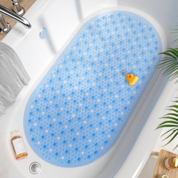 HITSLAM Bath Mat for Tub Non Slip,Oval Bath Mats with Suction Cups and Drain Holes, Machine Washable Shower Mat for Bathroom,27"x15" Blue