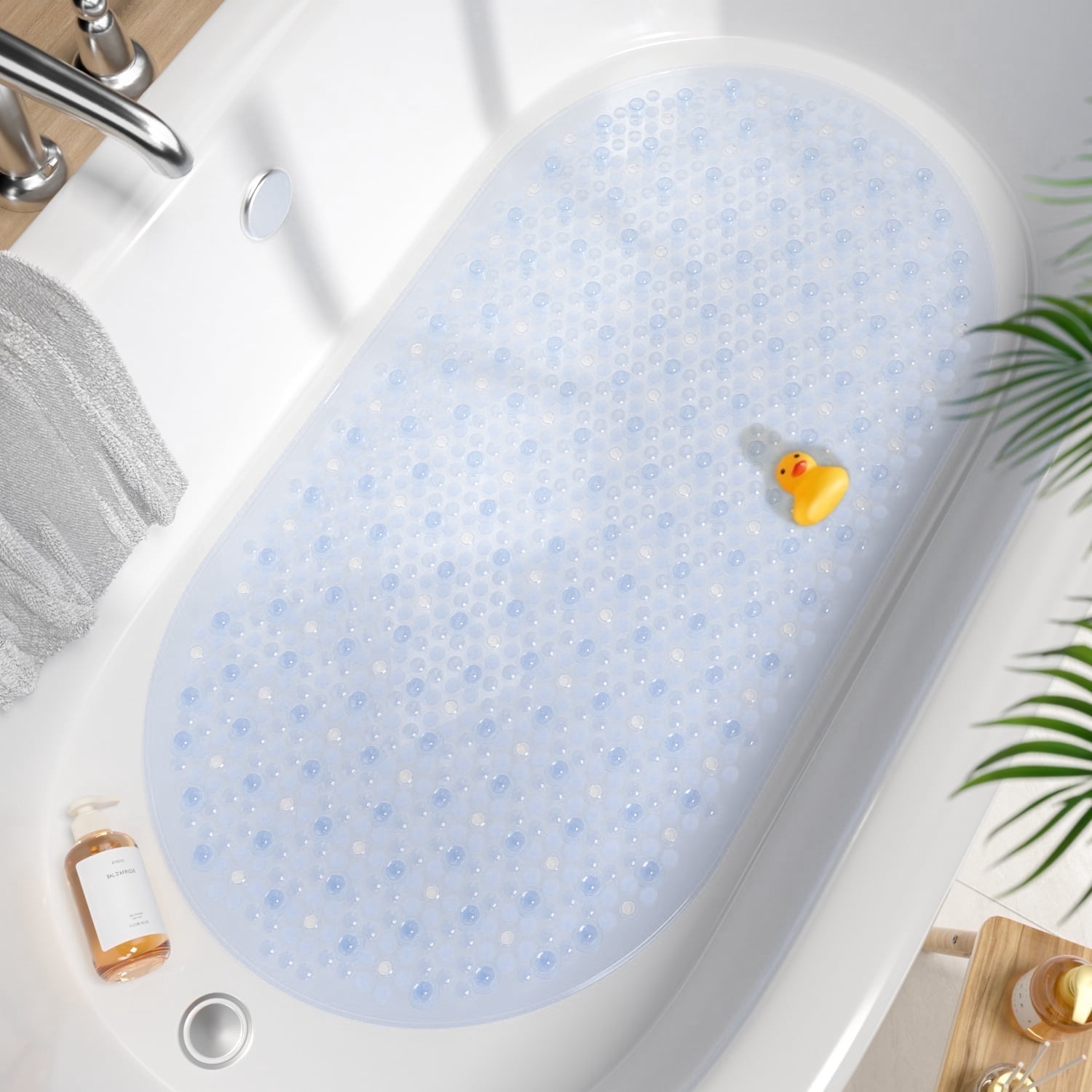 HITSLAM Bath Mat for Tub Non Slip,Oval Bath Mats with Suction Cups and Drain Holes, Machine Washable Shower Mat for Bathroom,27"x15" Clear