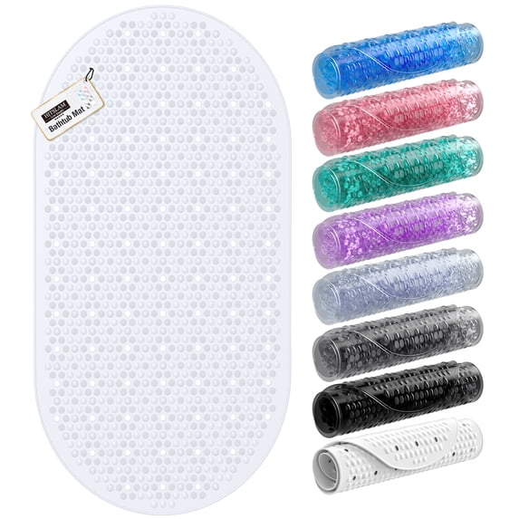 HITSLAM Bath Mat for Tub Non Slip,Oval Bath Mats with Suction Cups and Drain Holes, Machine Washable Shower Mat for Bathroom,27"x15" White