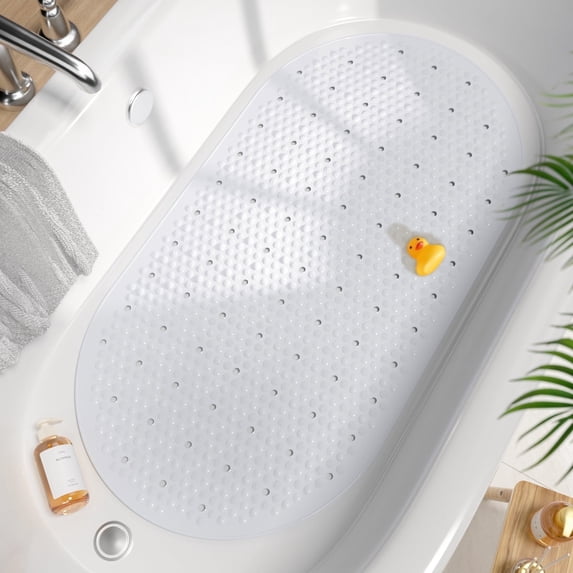 HITSLAM Bath Mat for Tub Non Slip,Oval Bath Mats with Suction Cups and Drain Holes, Machine Washable Shower Mat for Bathroom,27"x15" White