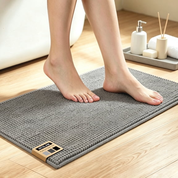 HITSLAM Chenille Bath Rug 24x16, Rubber Backing Quick Dry Washable Microfiber Mats,Light Grey