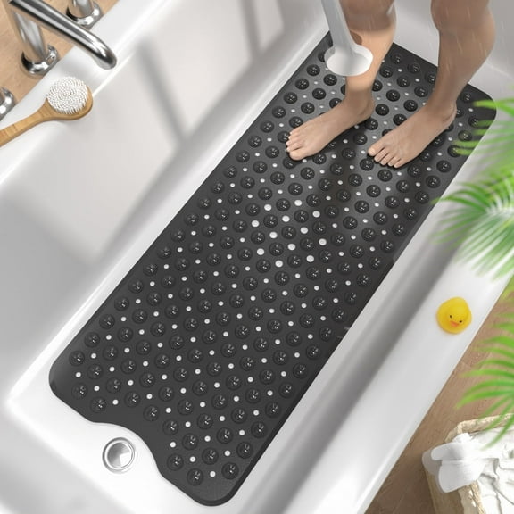 HITSLAM Extra Long Bathtub Mat-40x16 Non Slip Shower Mat with Drain Holes and Suction Cups,Machine Washable Bath Mat,Clear Black