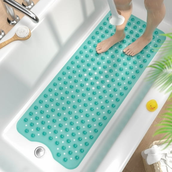 HITSLAM Extra Long Bathtub Mat-40x16 Non Slip Shower Mat with Drain Holes and Suction Cups,Machine Washable Bath Mat,Clear Green