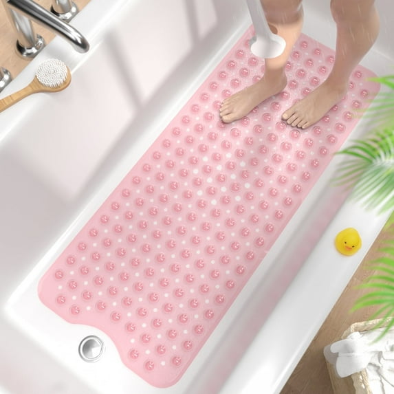 HITSLAM Extra Long Bathtub Mat-40x16 Non Slip Shower Mat with Drain Holes and Suction Cups,Machine Washable Bath Mat,Clear Pink