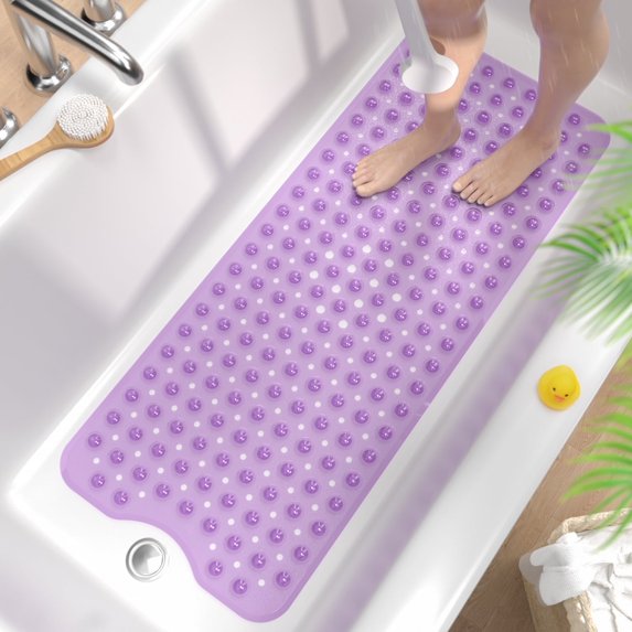 HITSLAM Extra Long Bathtub Mat-40x16 Non Slip Shower Mat with Drain Holes and Suction Cups,Machine Washable Bath Mat,Clear Purple