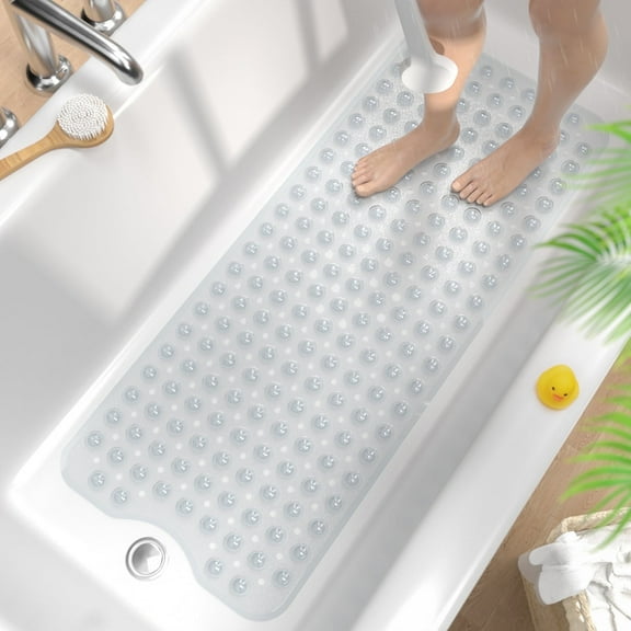 HITSLAM Extra Long Bathtub Mat-40x16 Non Slip Shower Mat with Drain Holes and Suction Cups,Machine Washable Bath Mat,Clear