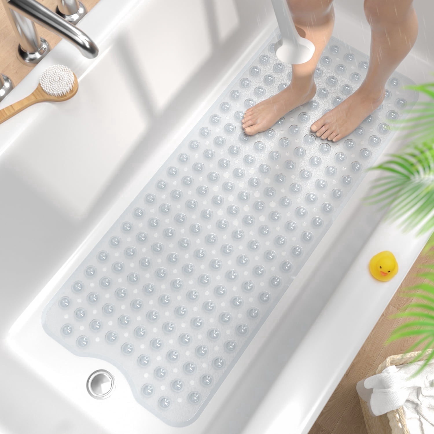 HITSLAM Extra Long Bathtub Mat-40x16 Non Slip Shower Mat with Drain Holes and Suction Cups,Machine Washable Bath Mat,Clear