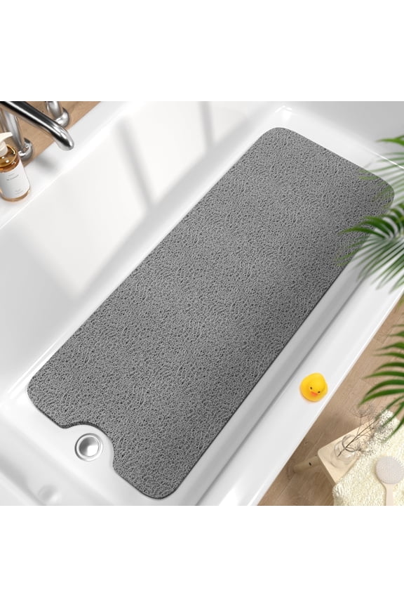 HITSLAM Non Slip Bathtub Mat 40"x 16",Extra Long Bath Mat for Tub,Soft PVC Loofah Shower Floor Mat with Drain,Quick Drying Bathroom Tub Mat for Wet Area,Without Suction Cup,Gray