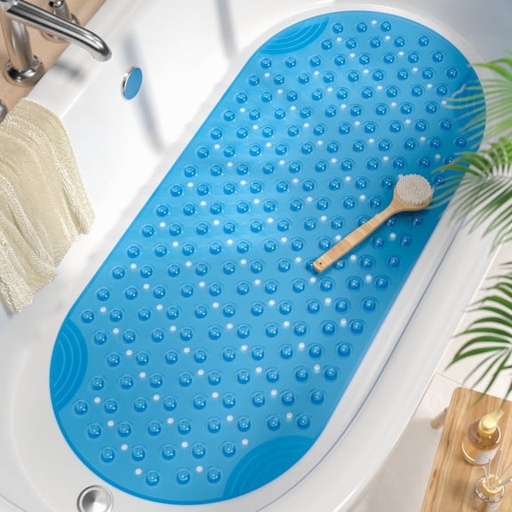 HITSLAM Non Slip Bath Mat for Tub，Shower Mats for Bathtub,Washable Bathtub Mat with Suction Cup,16"x35"Clear Blue