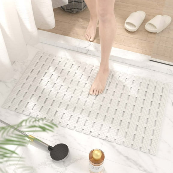 HITSLAM Non Slip Shower Mat,Trimmable 27x15 inch Bath Mat with Suction Cups,Eco-Friendly and Quick Drain Design,White