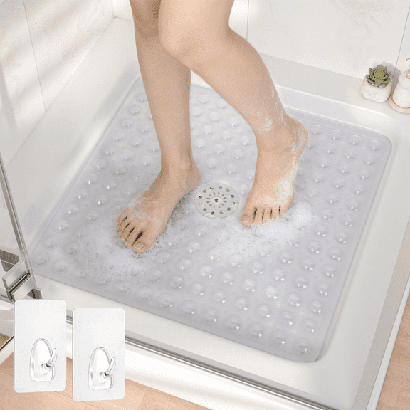 HITSLAM Shower Mat Non Slip,21x21 Bathtub Mat with Suction Cups and Drain Holes,Machine Washable Bathroom Shower Stall Floor Mat,Soft on Feet,Clear