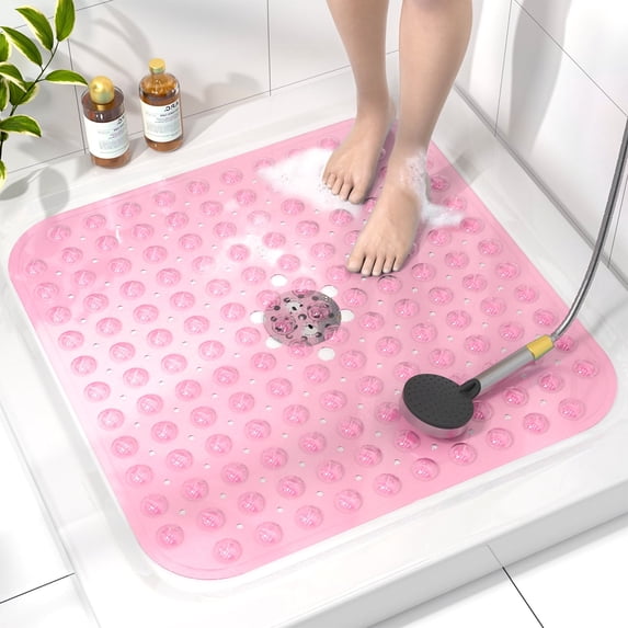 HITSLAM Shower Mat Non Slip,21x21 Bathtub Mat with Suction Cups and Drain Holes,Machine Washable Bathroom Shower Stall Floor Mat,Soft on Feet,Pink