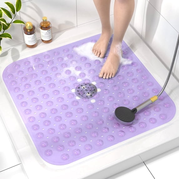 HITSLAM Shower Mat Non Slip,21x21 Bathtub Mat with Suction Cups and Drain Holes,Machine Washable Bathroom Shower Stall Floor Mat,Soft on Feet,Purple